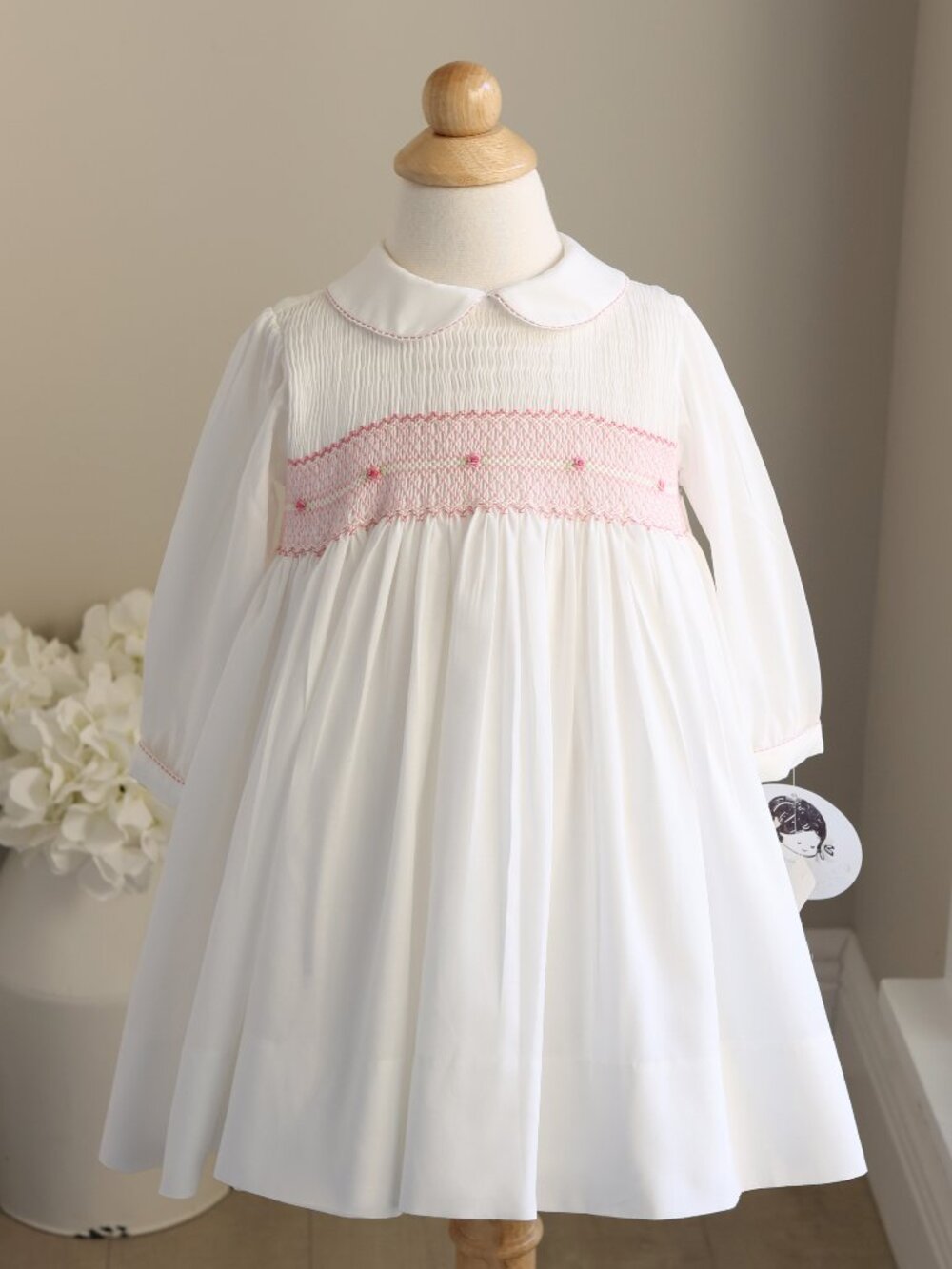 White Smocked Long Sleeve Dress Sarah Louise Pink Embroidery 12 Months NWT